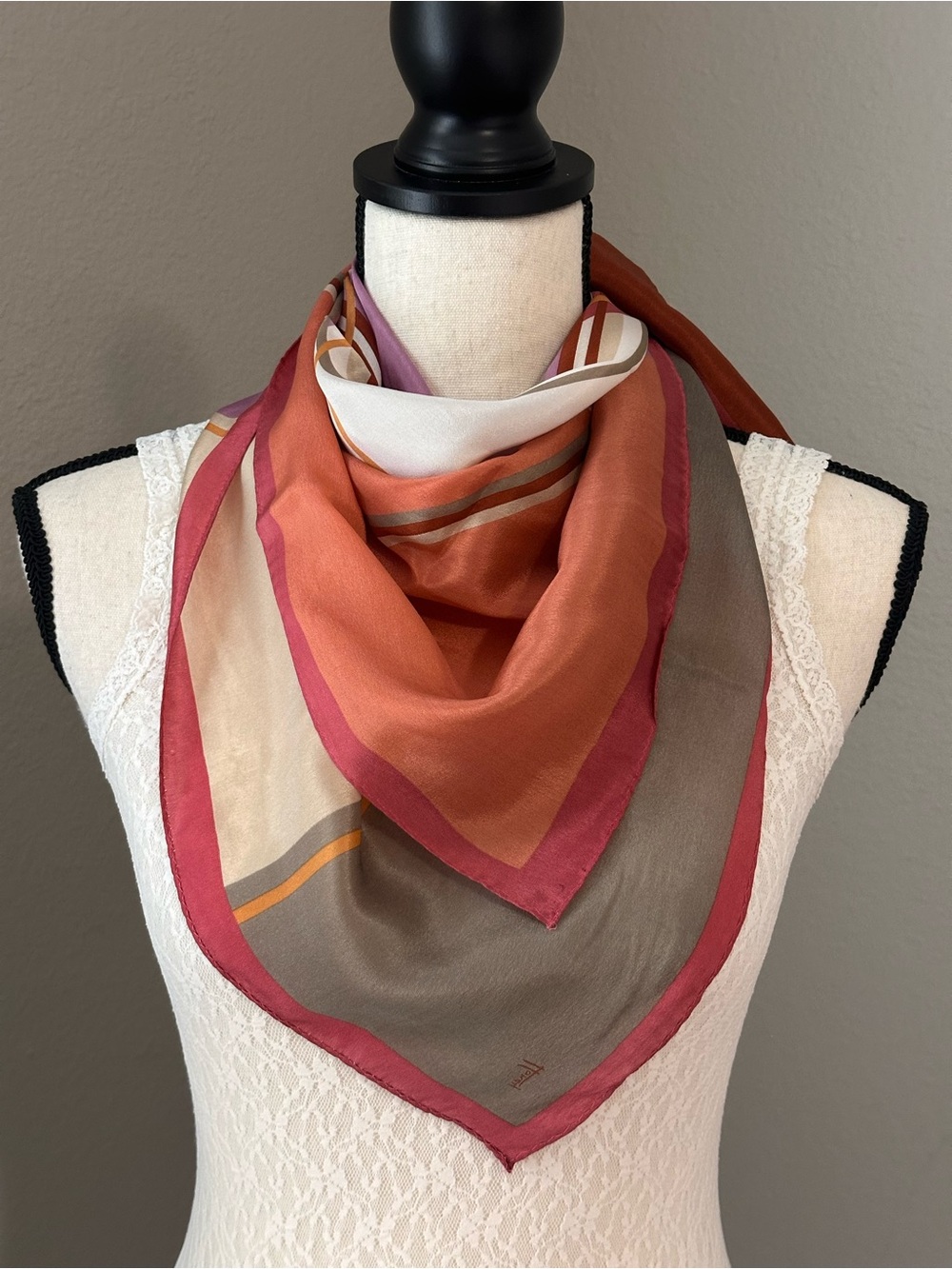 Vintage Honey Silk Square Scarf in Rust & Taupe; made in Japan